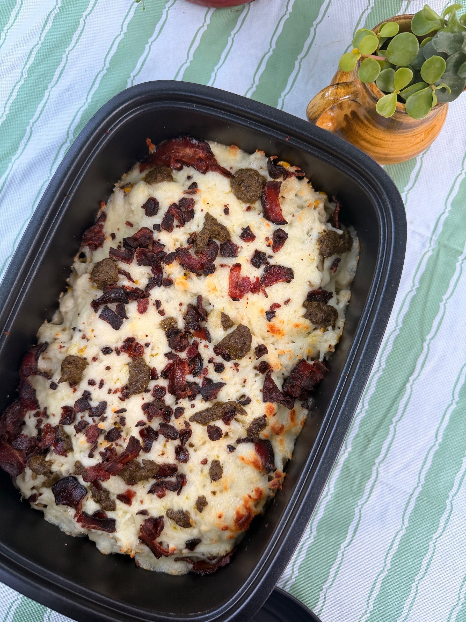Crispy Pesto Gnocchi Bake with Chicken, Corn & Bacon